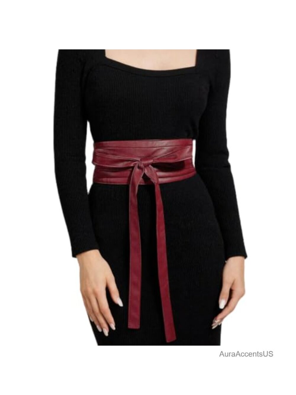 Faux Leather Wide Obi Belt Knotted Waistband for Dress
